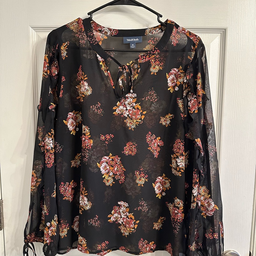 Modcloth | Pleased to Meet You Black Floral Sheer Blouse